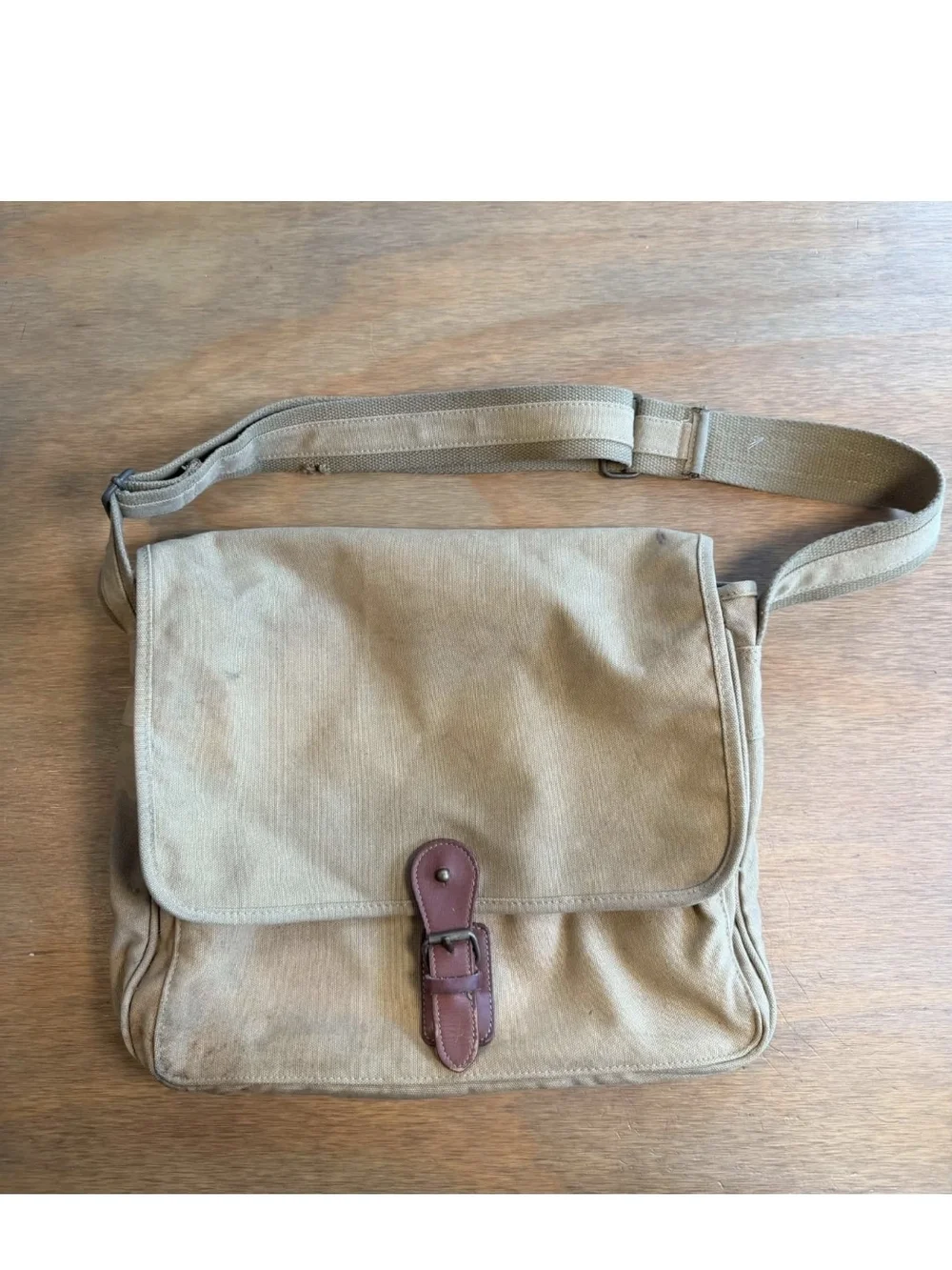 VTG 90s Banana Republic Flap Crossbody Messenger Bag Tan Brown Canvas Leather